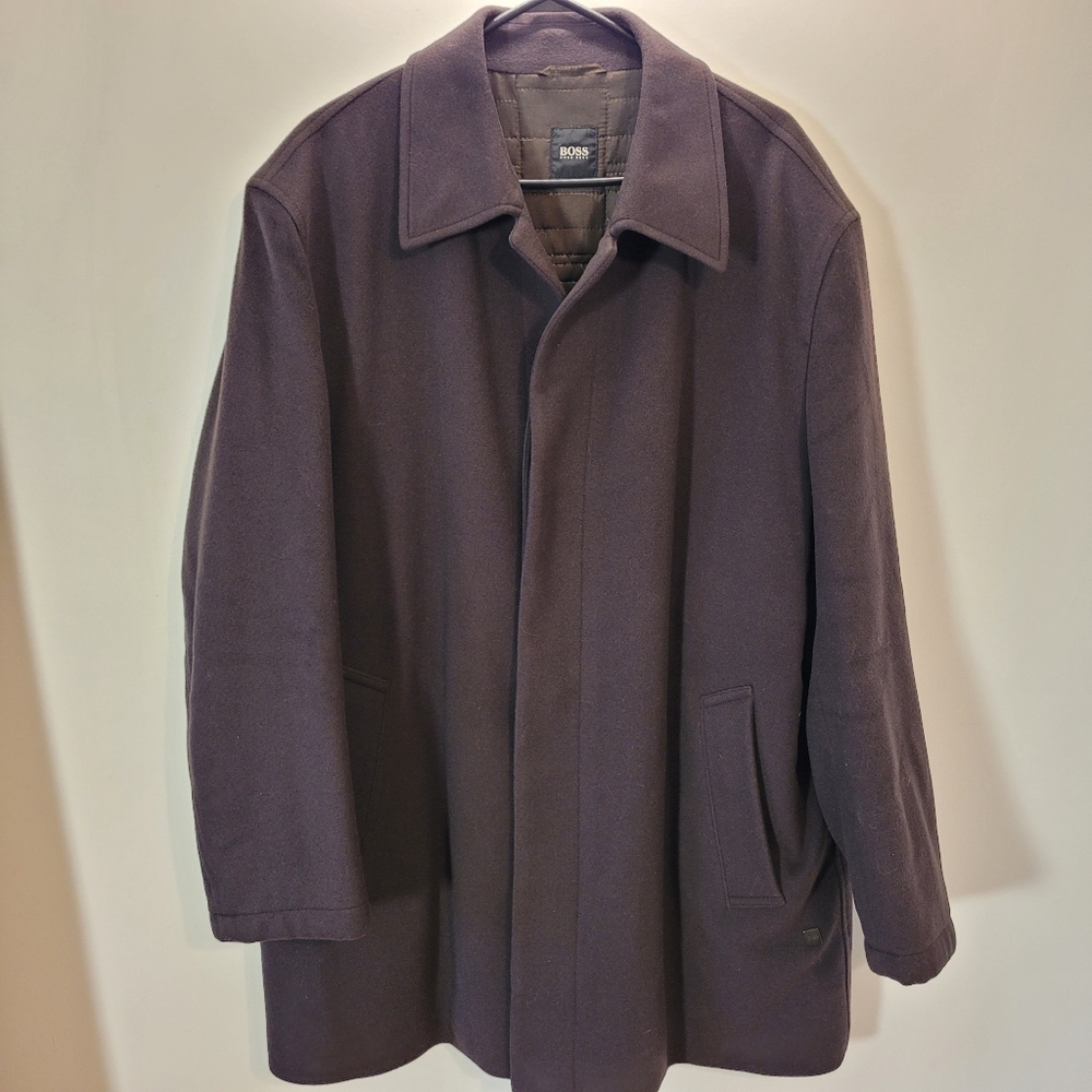 Hugo Boss Vintage Brown Long Wool And Cashmere Pea Coat - Size 58
